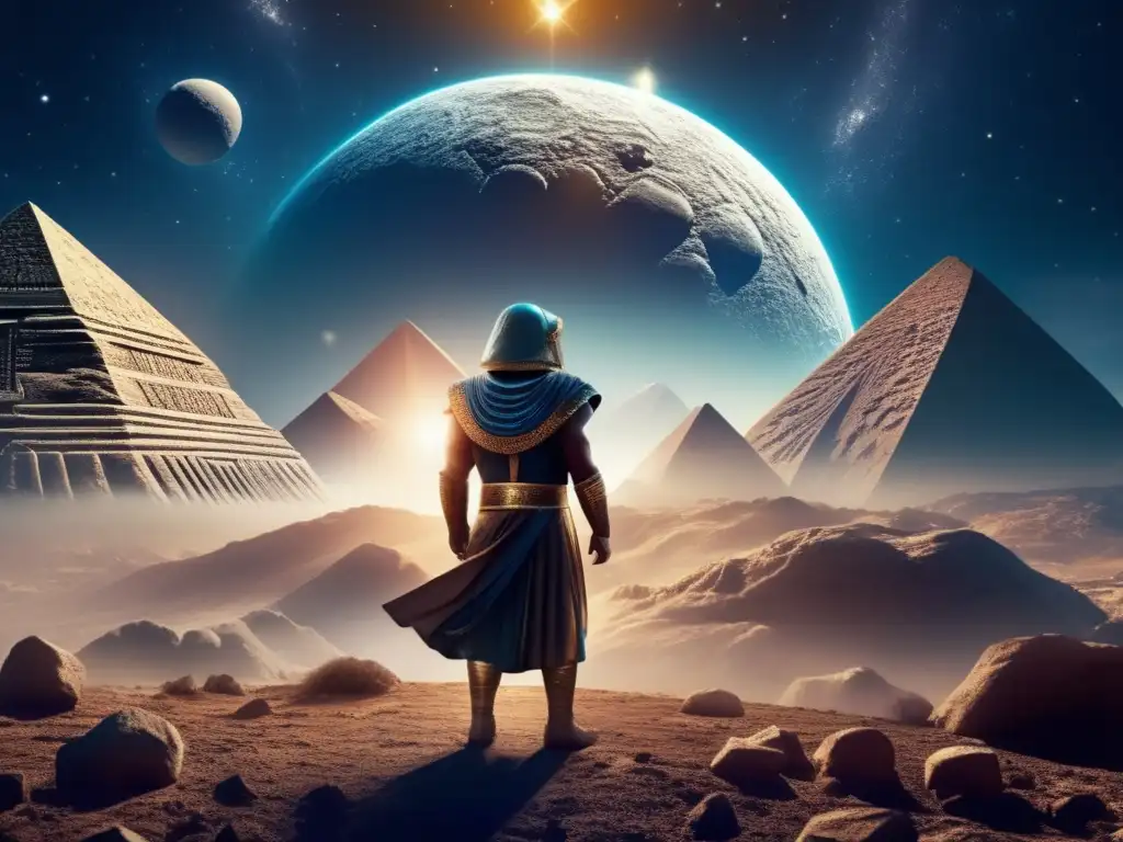 A celestial orb soars through the endless cosmos, casting an ethereal glow on the Sumerian myth of a flying asteroid