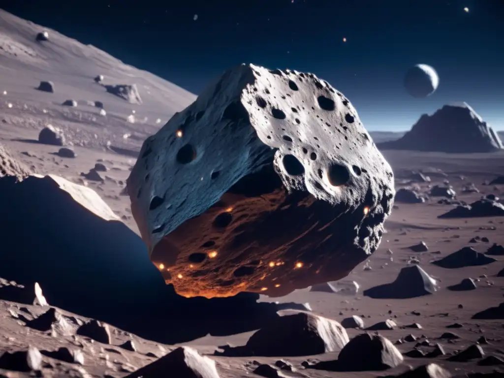 A cosmic beauty, the asteroid's jagged nature glimmers in the light, with sharp rocks and craggy surfaces