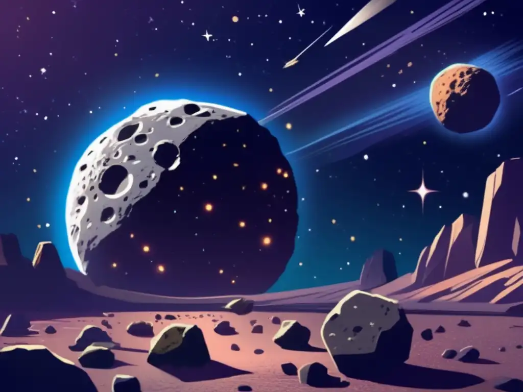 Asteroid Closeup: A Photorealistic Depiction of Space's Rugged Beauty in its Untouched State - Pic Closeup view of a rugged asteroid belt - A muted, photorealistic image showcasing the intricate surface of a larger asteroid, with its deep crevices and color variations