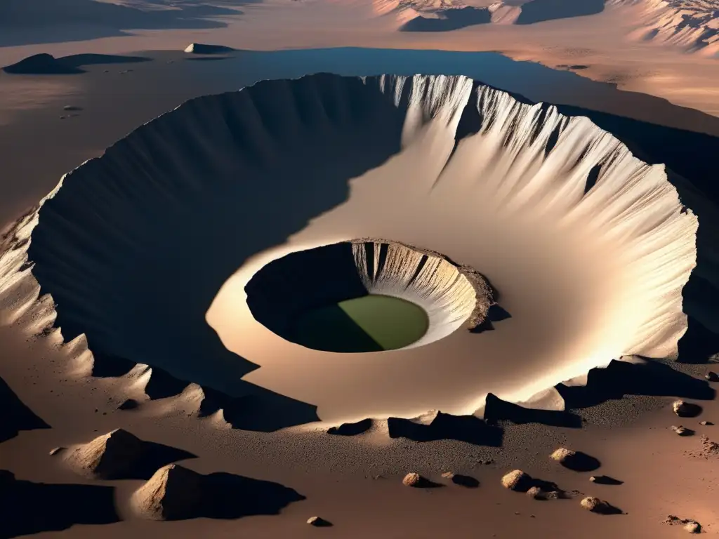 A breathtaking impact crater, depicted in stunning photorealistic detail, with a 3D model of the rugged terrain and jagged cliffs surrounding it