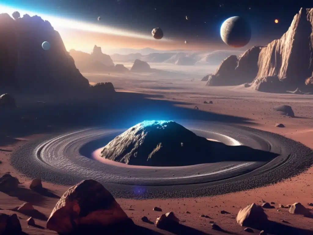 The image portrays the potential impact hazards of the Podalirius asteroid, with its elliptical orbit showcasing the celestial bodies around it - Surrounding the asteroid are mountains, canyons, and impact craters, illuminated by intense sunlight - The vivid colors and textures convey the unique characteristics of the asteroid's surface, while the backdrop of other planets, stars, and cosmic debris adds to the grandeur of the image