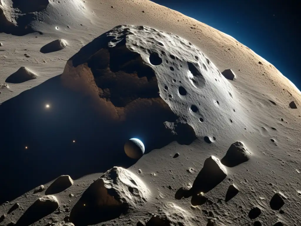 Gaspra's surface: rugged terrain, stark contrast, solar illumination, deep blue or black backdrop, inviting warmth, a sense of mystery and awe