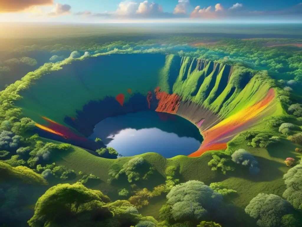 Photorealistic image of an asteroid crater in Brazil surrounded by diverse, colorful wildlife and lush foliage at sunset