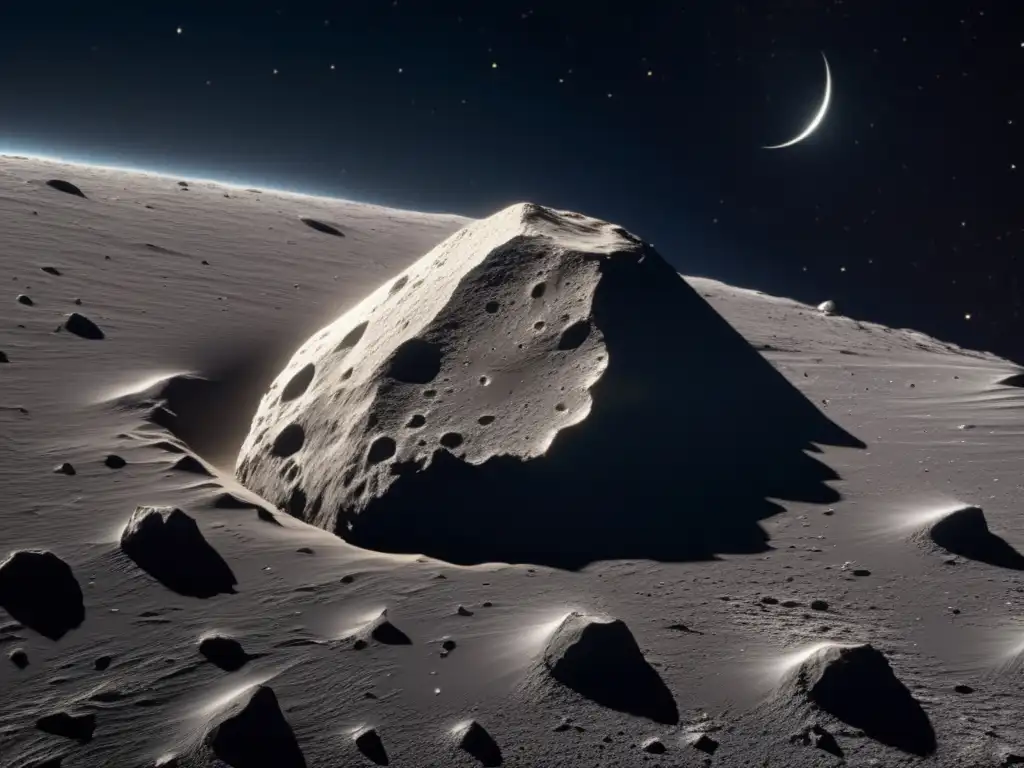 A breathtaking closeup of an otherworldly asteroid, with jagged edges and a crescent-like shape