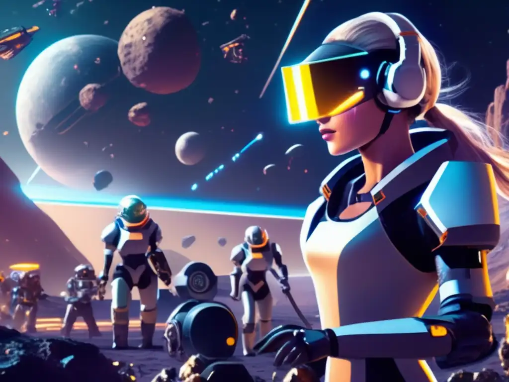 Cyborg Miners: Human Adaptability in the Cosmos A captivating image of a lone woman with a mech arm and eye visor, focused on the task at hand, amidst a group of cyborgs mining an asteroid