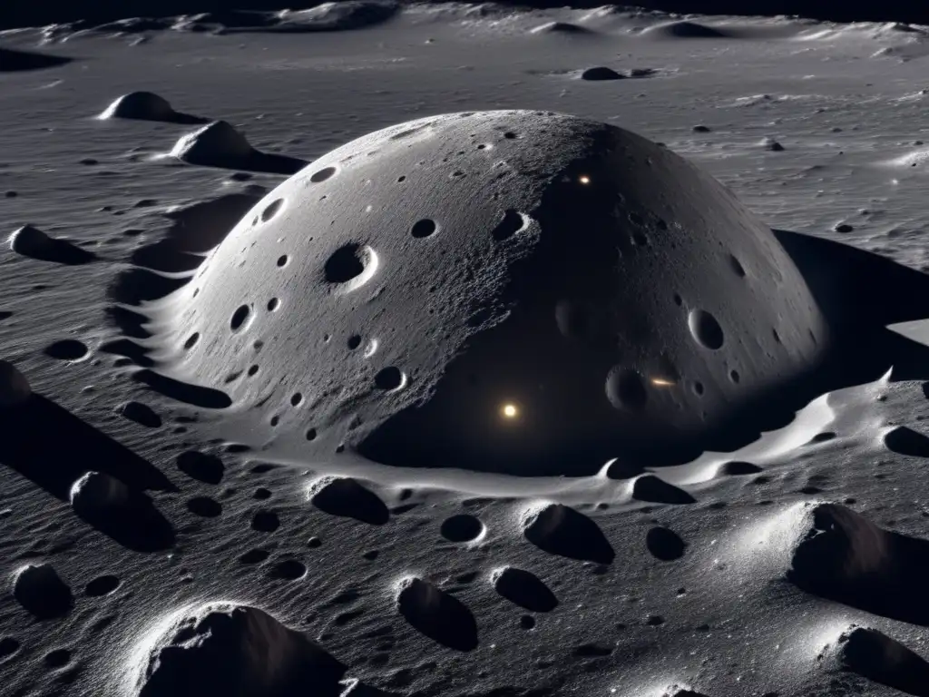 A mesmerizing closeup of asteroid moon Dactyl, its surface etched with craters and ridges, captured under the glow of a lightning bolt