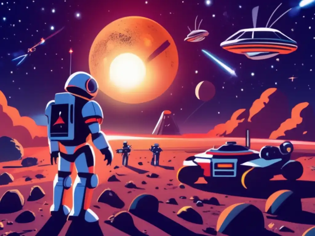 A robot in a space suit stands tall amidst a cosmic battlefield, shielded by a drone as a swarm of meteors whirls around a planetary object