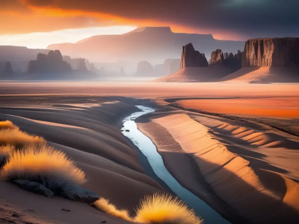 A hauntingly beautiful image of a person in a small boat braving a narrow trench in a desolate landscape