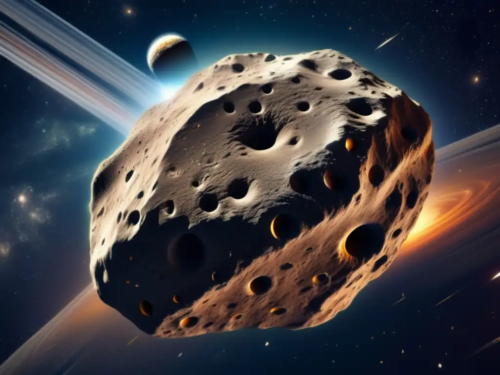 A stunningcloseup photograph of an asteroid in space, conveying its sheer size and massiveness through intricate details and high-resolution imagery