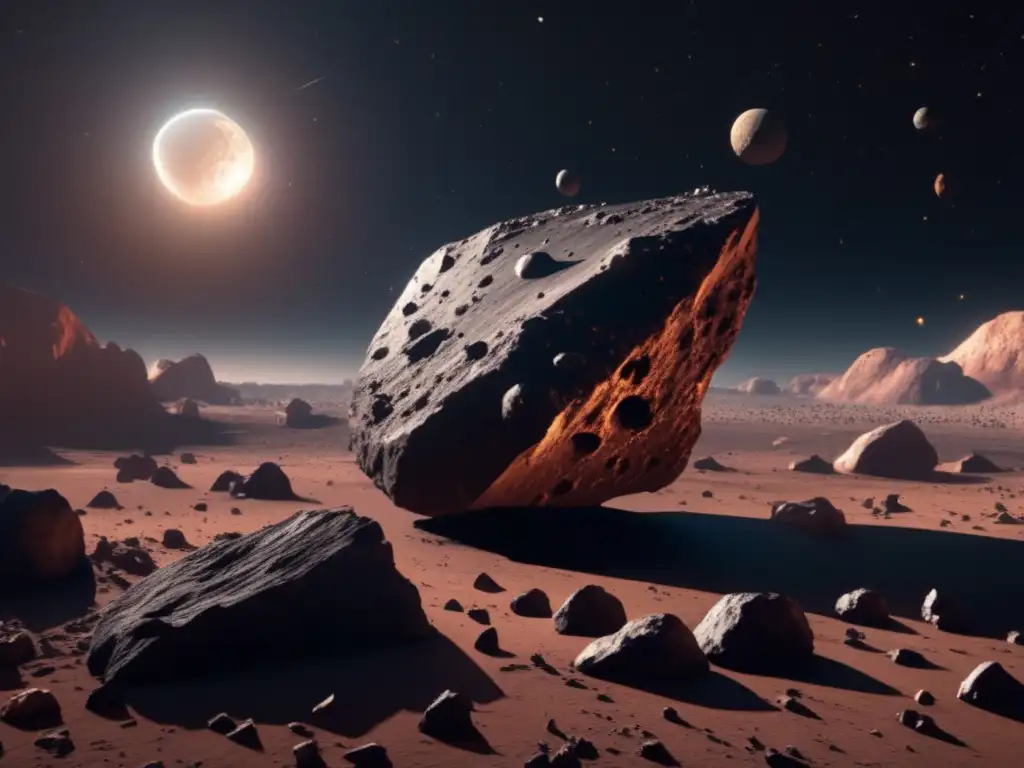 A 8k photo captures an expansive asteroid field in a black vacuum, with the mid-sized redbrown asteroid Davida floating serenely in the center
