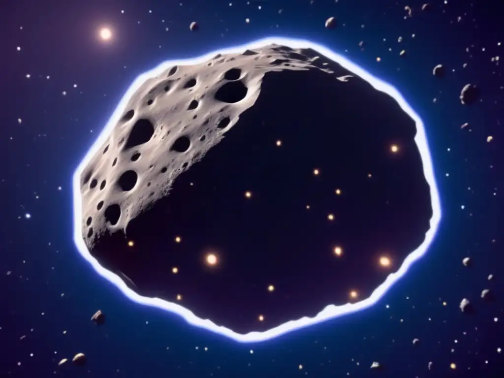 A photorealistic image captures the raw beauty of a pockmarked asteroid floating in space, surrounded by a black void and irregular shapes