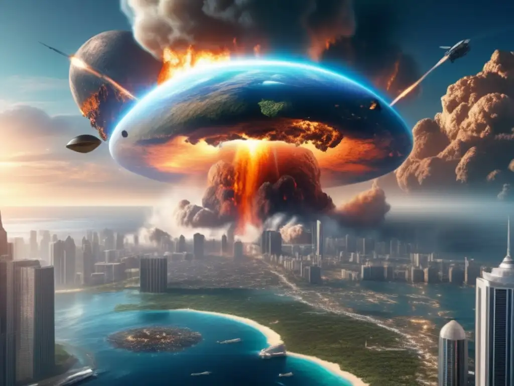 Epic Underwater Unveiling: Deep Impact Mission Reveals Hidden City Dash: 'Earth's fate revealed - a haunting image of the Deep Impact spacecraft making a catastrophic collision with our planet, leaving behind a sprawling underground metropolis in ruins, beneath a sea of sparkling, otherworldly debris