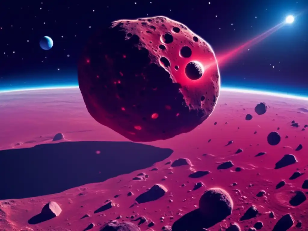 A red asteroid hurtles toward the craters-covered planet, emitting a bright light that illuminates the surrounding space