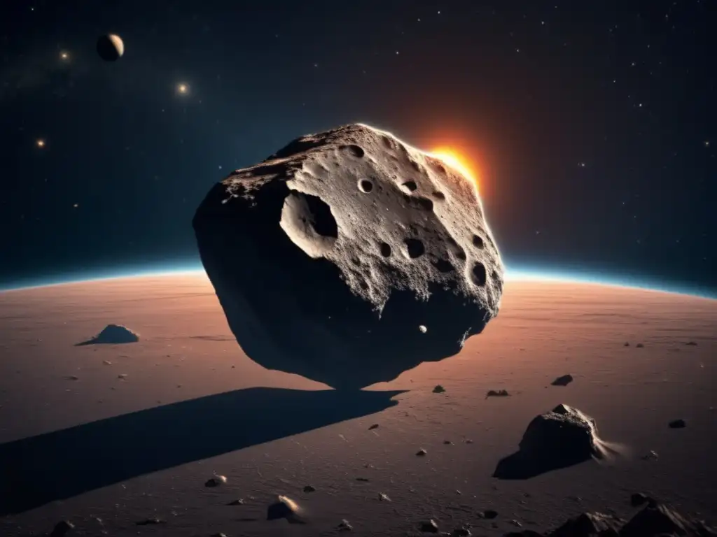 An artistically depicted lone asteroid floats in a black void, boasting intricate detail and radiating a faint glow