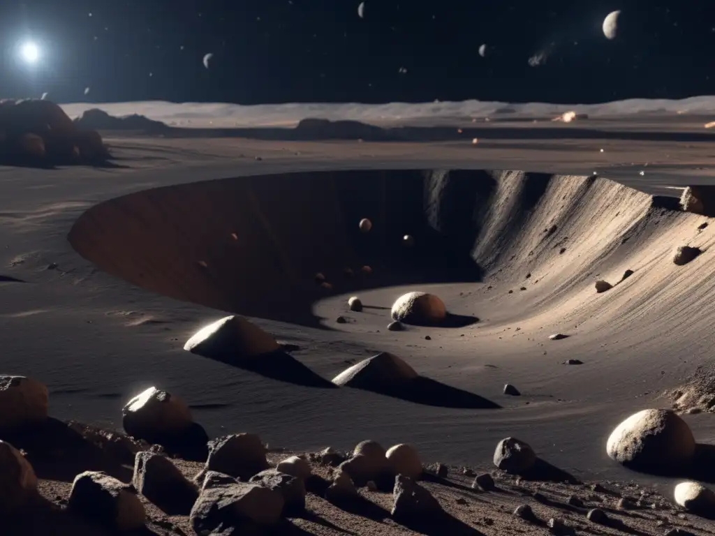 A breathtaking photorealistic image of a deep space excavation site, showcasing the harsh reality of asteroid mining