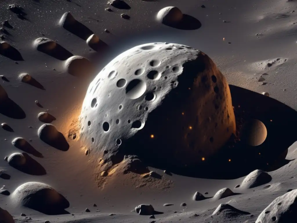 A stunning photorealistic image captures the grandeur and intricate details of Asteroid Eurypylus as a deep space probe orbits around it
