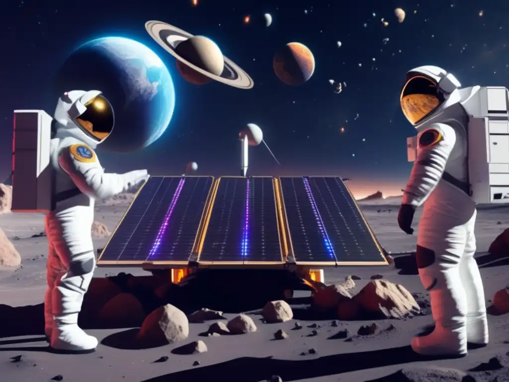 Intense space battle: A group of planetary defense team members protect Earth from an incoming massive asteroid aboard a complex defense platform