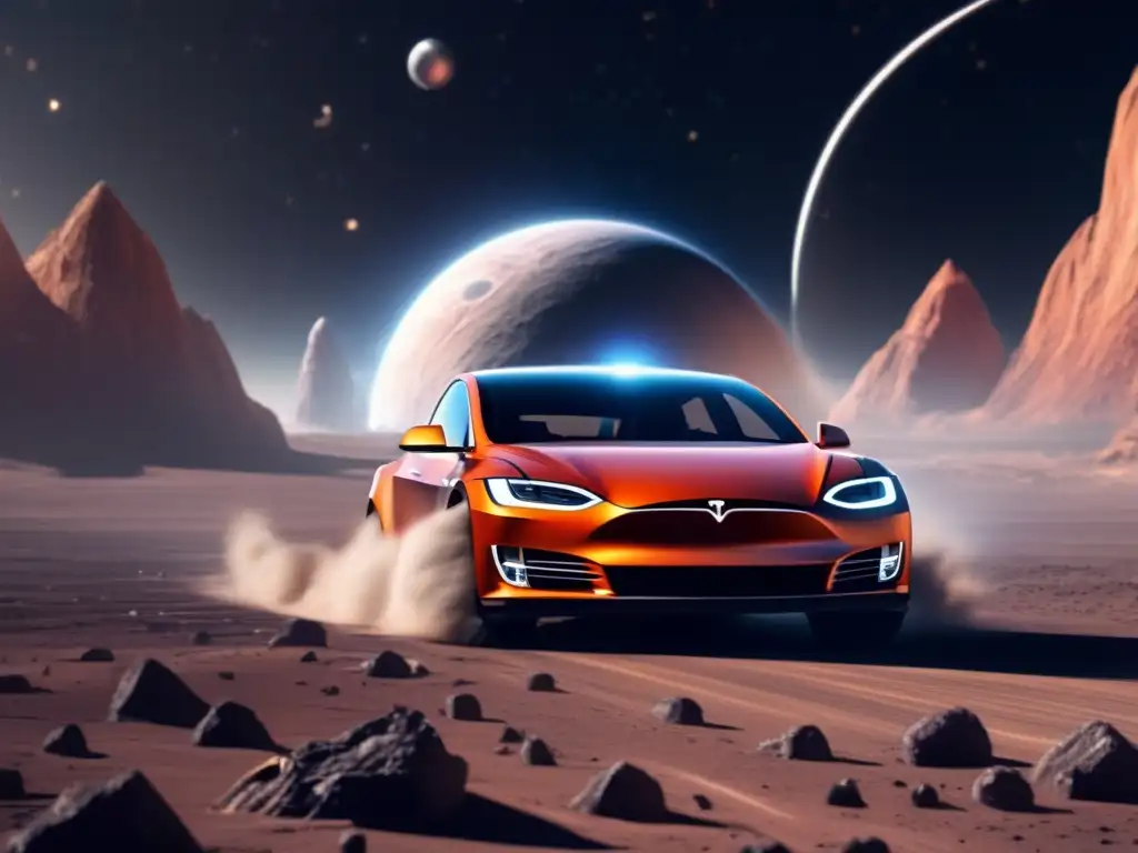 Dashing cosmic crusader standing atop an asteroid, deflecting threatening celestial body with a powerful Tesla-coil like structure