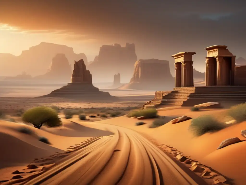 Unraveling Time's Riddle: AlemagouR/A Kolliwerks Amidst a barren desert landscape, three pathways lead towards ancient ruins of orange sandstone cliffs, intricate carvings, and geometric shapes