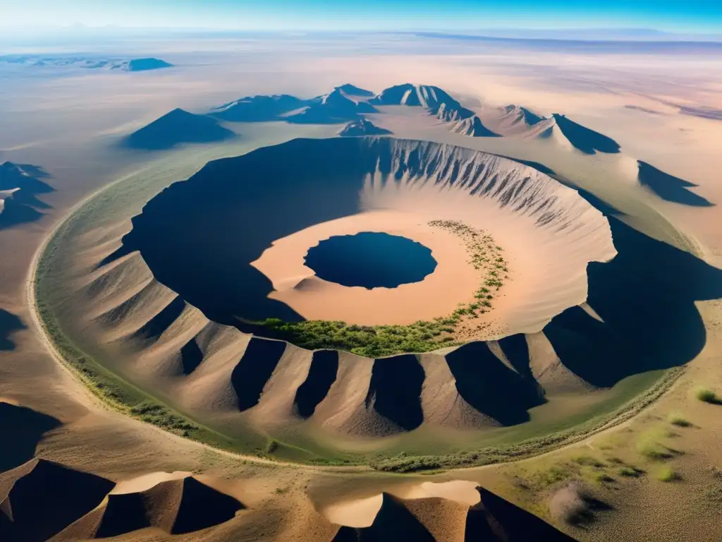 An aerial view of a desert landscape reveals a stark contrast between barren wasteland and lush vegetation