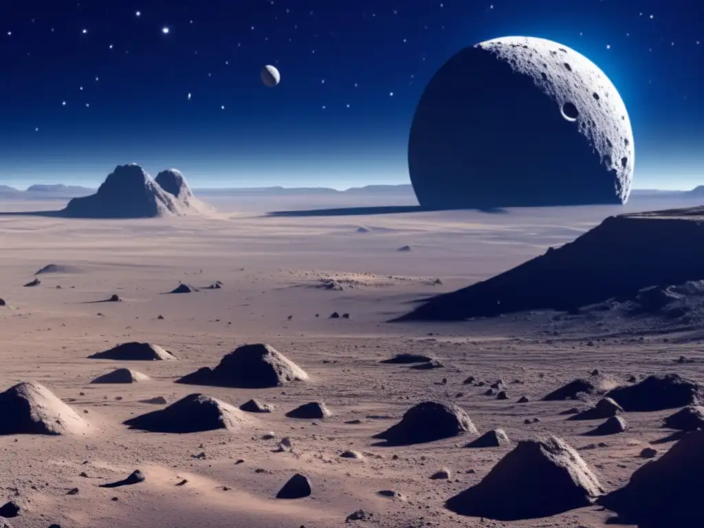 A haunting scene of a barren landscape, the only indication of life a small asteroid in the distance