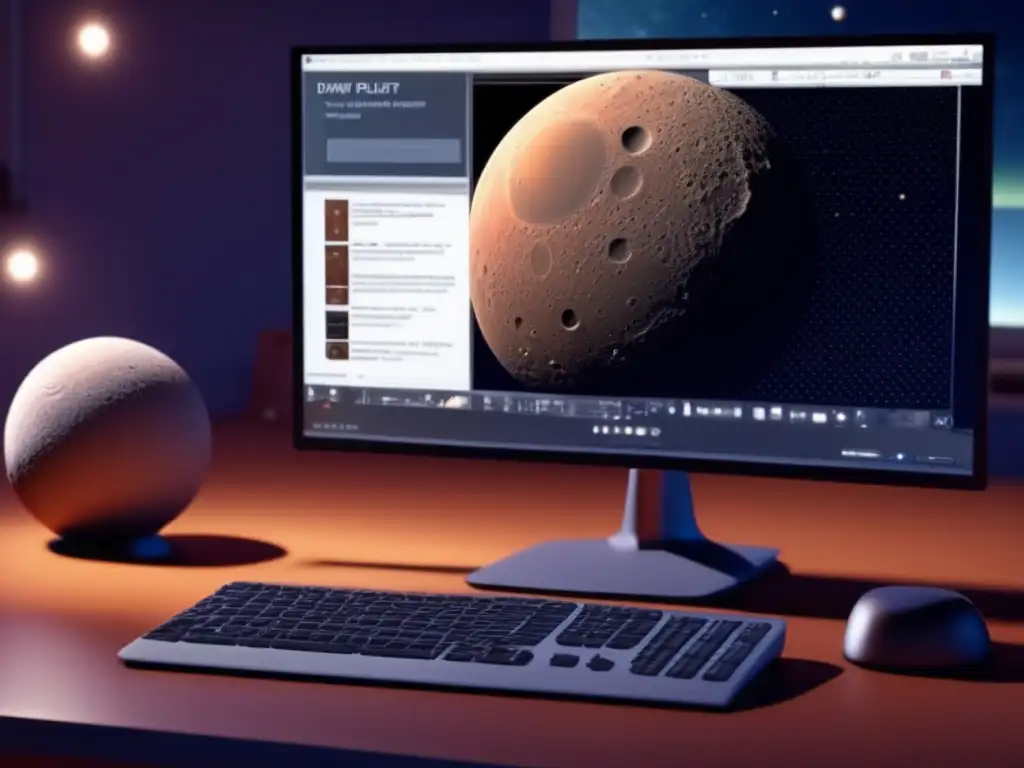 A tech-savvy explorer studies 2004 FH's 3D model - Highly detailed & realistic, visible craters & ridges
