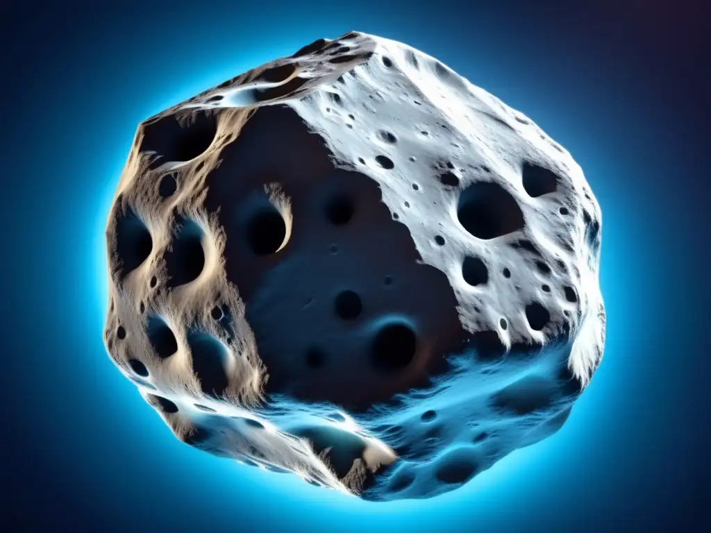 An asteroid orb in black space, photorealistic, details reveal unique marks, pits, contours