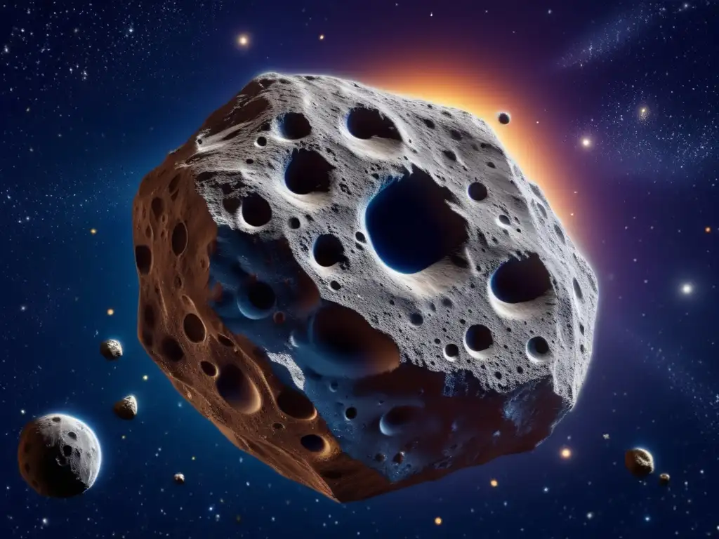 Peleus asteroid, center of focus, craters, protrusions, meteor debris, deep space stars, bright nebulae, epic exploration mission