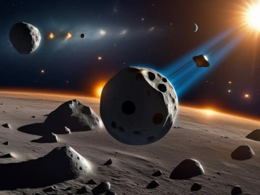 Exquisite photorealistic depiction of Didymos and Dimorphos in orbit around the Sun, with breathtaking detail rendition of their surfaces and other celestial bodies in the background, provides a vivid representation of their scientific significance and future missions,speaking to the majesty of space exploration