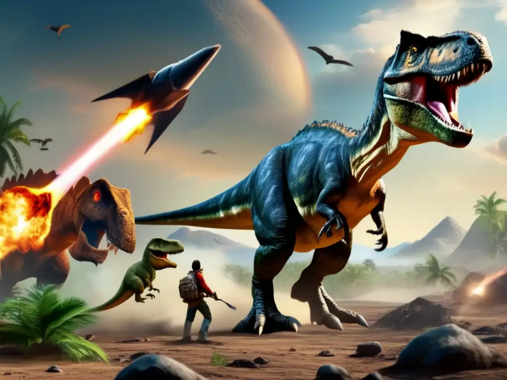 Dino-Astro Conflict: Survive or Extinct? A sprawling prehistoric world descends into chaos as a meteorite strikes, sparking an extinction event