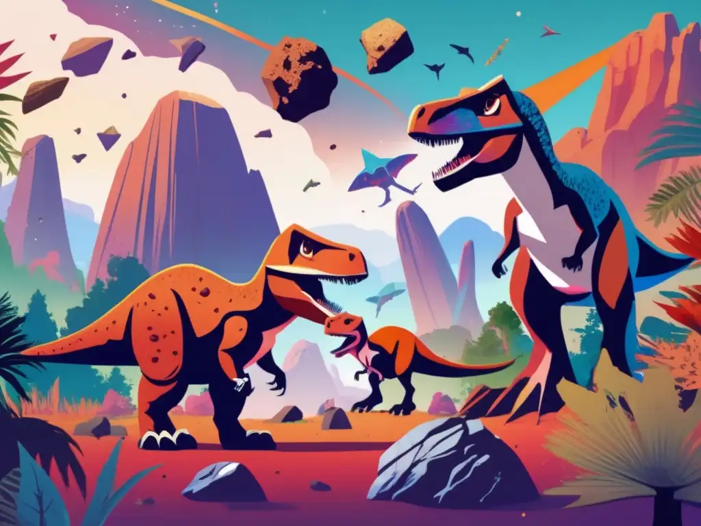 Dino-Asteroids: A Fantastic Universe of Color and Texture An breathtaking collage of asteroids and dinosaurs coexist in a surreal landscape, showcasing the intricate details of rock formations and plant life