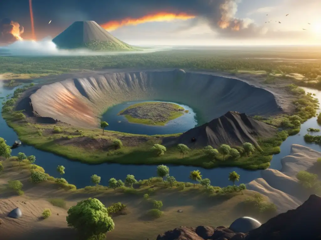 Asteroid Impact: The End of the Dino World A photorealistic image of a massive asteroid impact crater surrounded by lush vegetation and colossal dinosaur fossils
