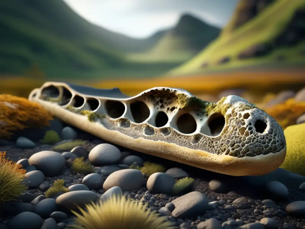 In this golden age of discovery, a photorealistic image of a fossilized dinosaur bone lies on a dark ground, hidden behind a rock formation