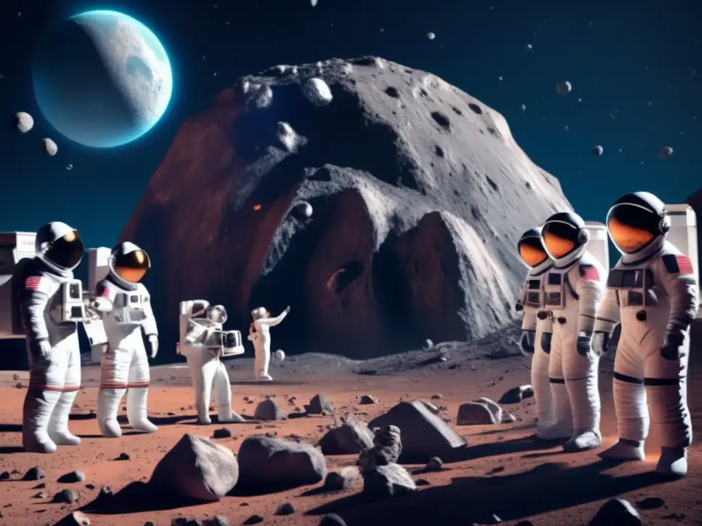 A breathtaking photo of a team of scientists and astronauts studying a photorealistic model of Eurydike, a giant asteroid in space