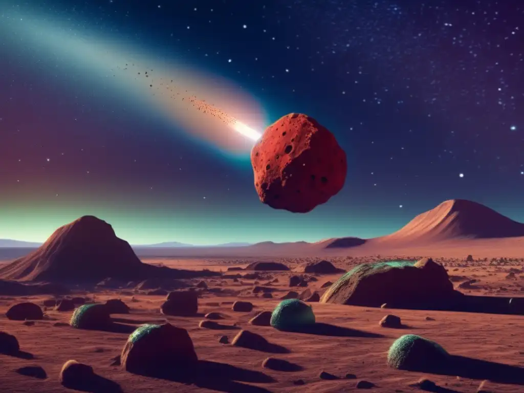 Exploring Asteroids: Serenity and Wonder An applered asteroid rests amidst golden-brown debris, its surface marred by pits and craters