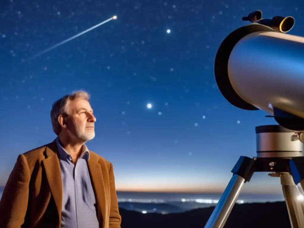 Astronomer Karl Ludwig Hencke, poised with a telescope, meticulously gazes at the vast expanse above, seeking the secrets held by Astraea and Hebe