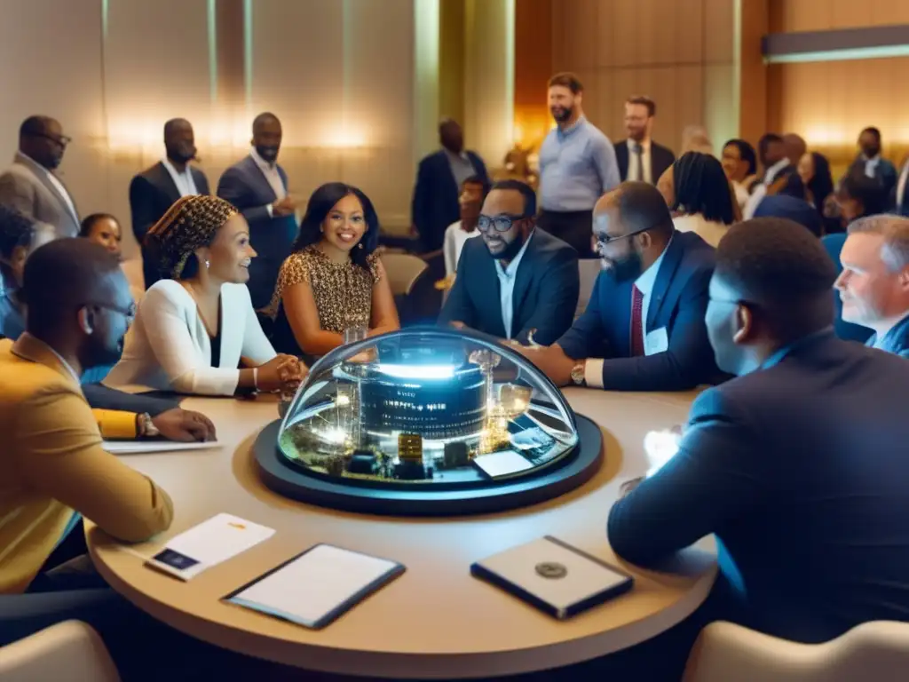 A diverse group of people gathered around a table, surrounded by resources and engaged in conversation