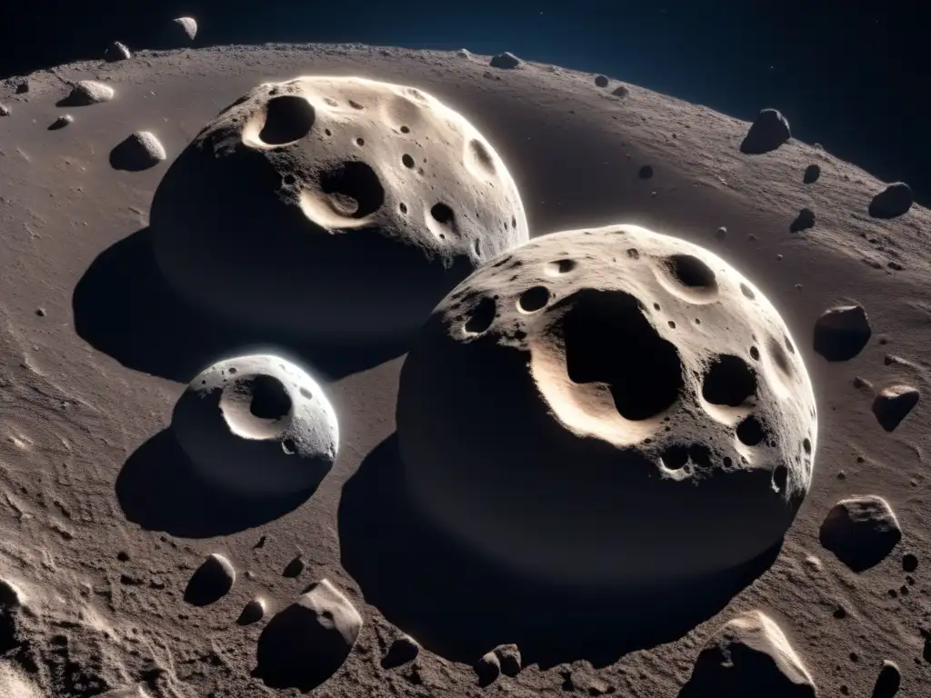 A photorealistic closeup of two asteroids: one jagged and prominent, the other faint and circular