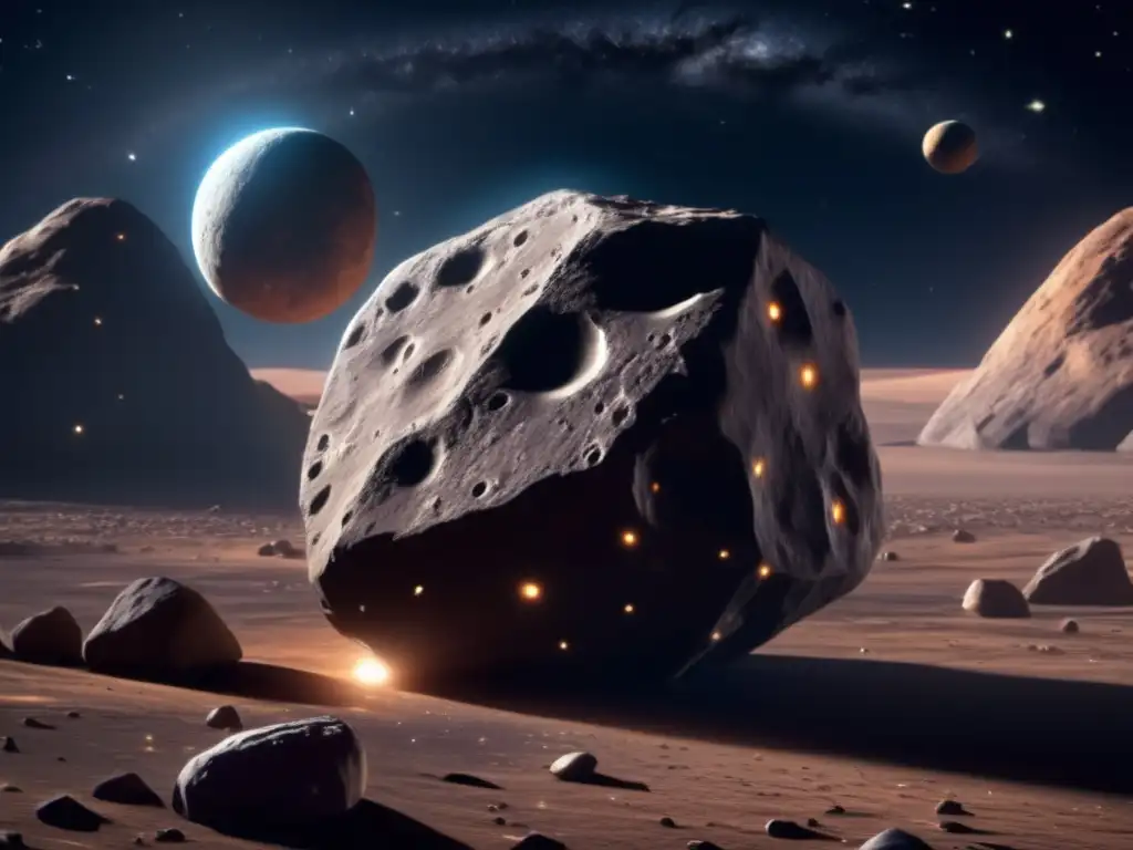 A stunning photorealistic image of a double asteroid, revealing the intricate details of its jagged rocks and bumps