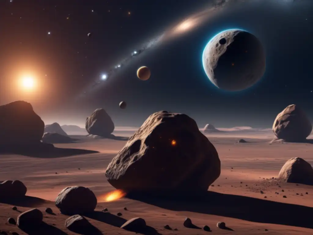 Double asteroid system in photorealistic detail, rock formations and craters on each asteroid held together by gravitational force
