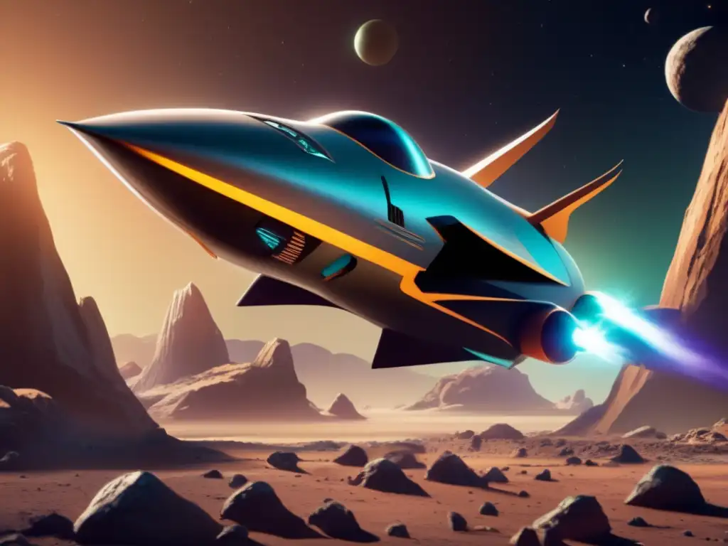 Duck Dodgers rocket ship blasts off, bound for asteroid in high-resolution image, dwarfed by rugged asteroid landscape