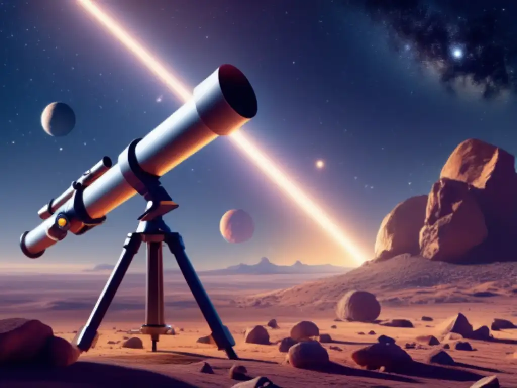 An early telescope points to the sky, its clear line of sight reaching towards an asteroid in a vast cosmic landscape