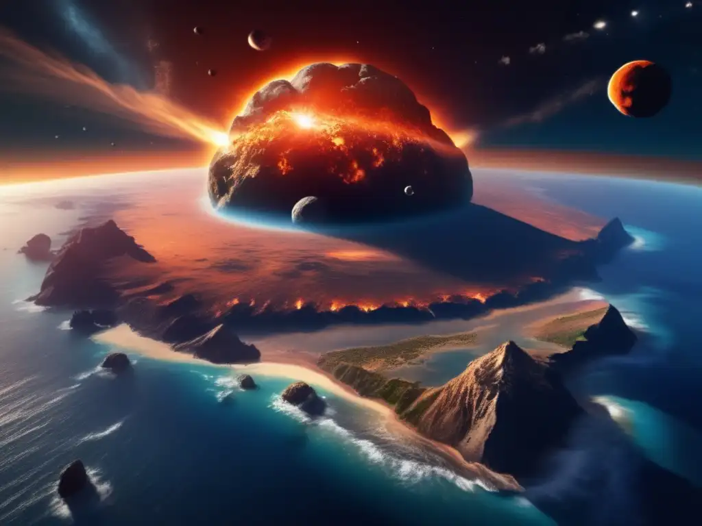 A photorealistic image of Earth, with a massive asteroid hurtling towards its doom