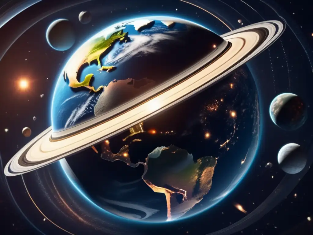 A stunning photorealistic close-up of Planet Earth rotating in space, with a composition of satellites and spacecraft in orbit