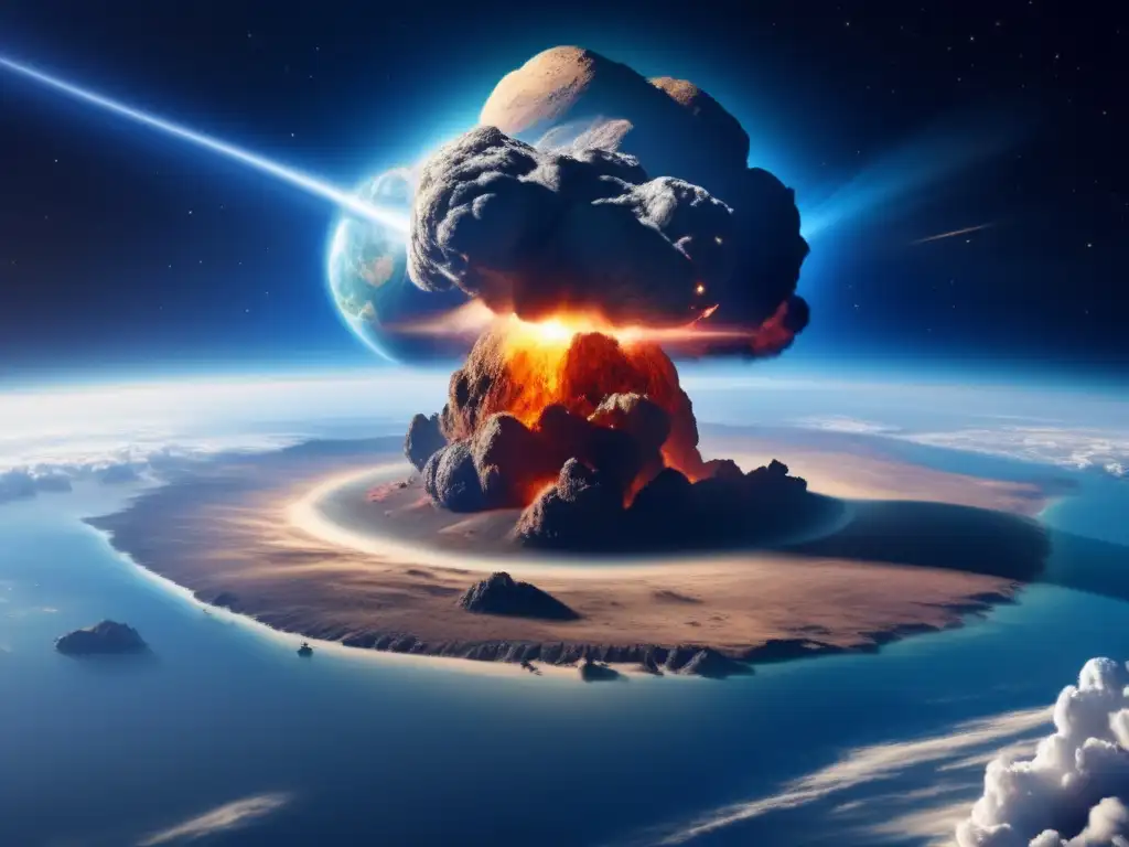 A breathtaking photorealistic image of Earth from space, with an asteroid impacting a remote region