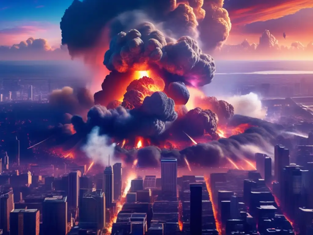 Massive asteroid crater causes immediate devastation in modern urban city, with smoke and debris flying everywhere