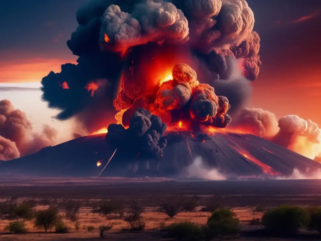 Asteroid impact captured on Earth's surface, with fiery explosions and smoke billowing into the sky, damaging surrounding buildings and vegetation