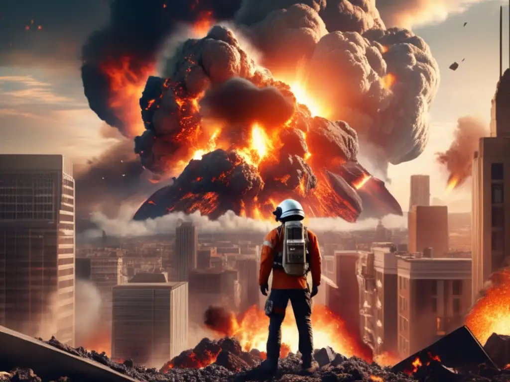 Disaster Strikes: A Photorealistic Asteroid Explosion Devastates Earth Earth meets its demise as an asteroid explodes, showering fragments that destroy buildings, causing explosions and flames