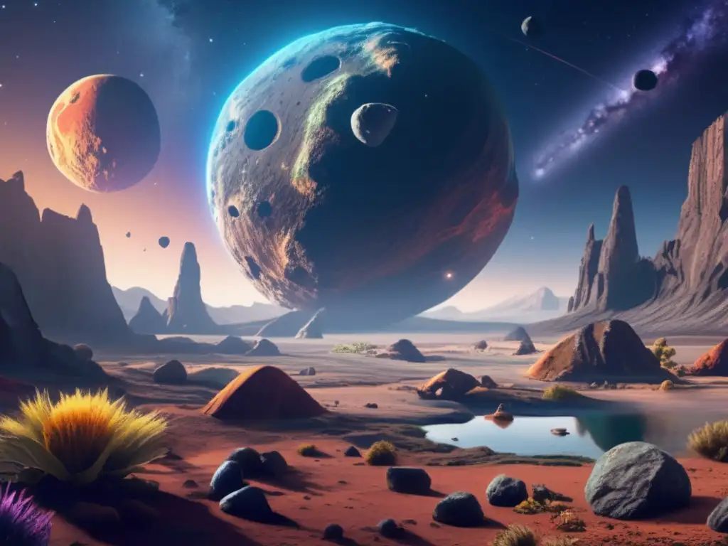 Dash: An image of an earth-toned asteroid with flora and fauna found on our planet, surrounded by intricate details including craters and ridges
