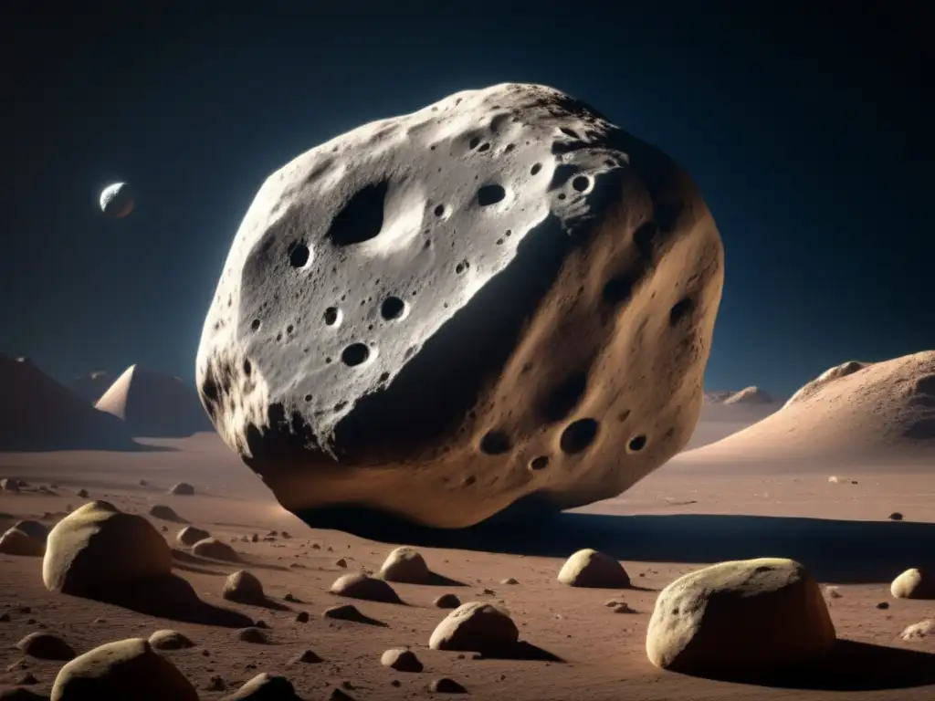 Discover the Mysterious Egeria - Photorealistic Asteroid Imaging Dark and intricate asteroid Egeria, captured in photorealistic high-resolution, reveals its old, rugged terrain under intense magnification